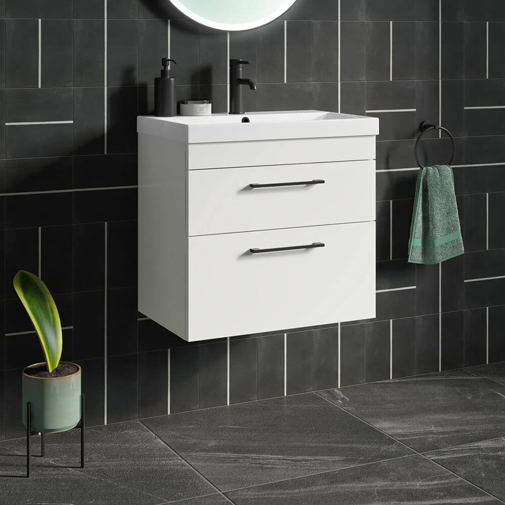 Emily 800mm Gloss White Wall Mounted 2 Drawer Vanity Unit, Thin-Edged Basin, Matt Black Handles & Overflow 3 Emily 800mm Gloss White Wall Mounted 2 Drawer Vanity Unit, Thin-Edged Basin, Matt Black Handles & Overflow