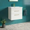 Emily 800mm Gloss White Wall Mounted 2 Drawer Vanity Unit, Thin-Edged Basin, Brushed Brass Handles & Overflow 1 Emily 800mm Gloss White Wall Mounted 2 Drawer Vanity Unit, Thin-Edged Basin, Brushed Brass Handles & Overflow -TAP WAREHOUSE Shop emily white 2draw 600 wall brass handles lifestyle