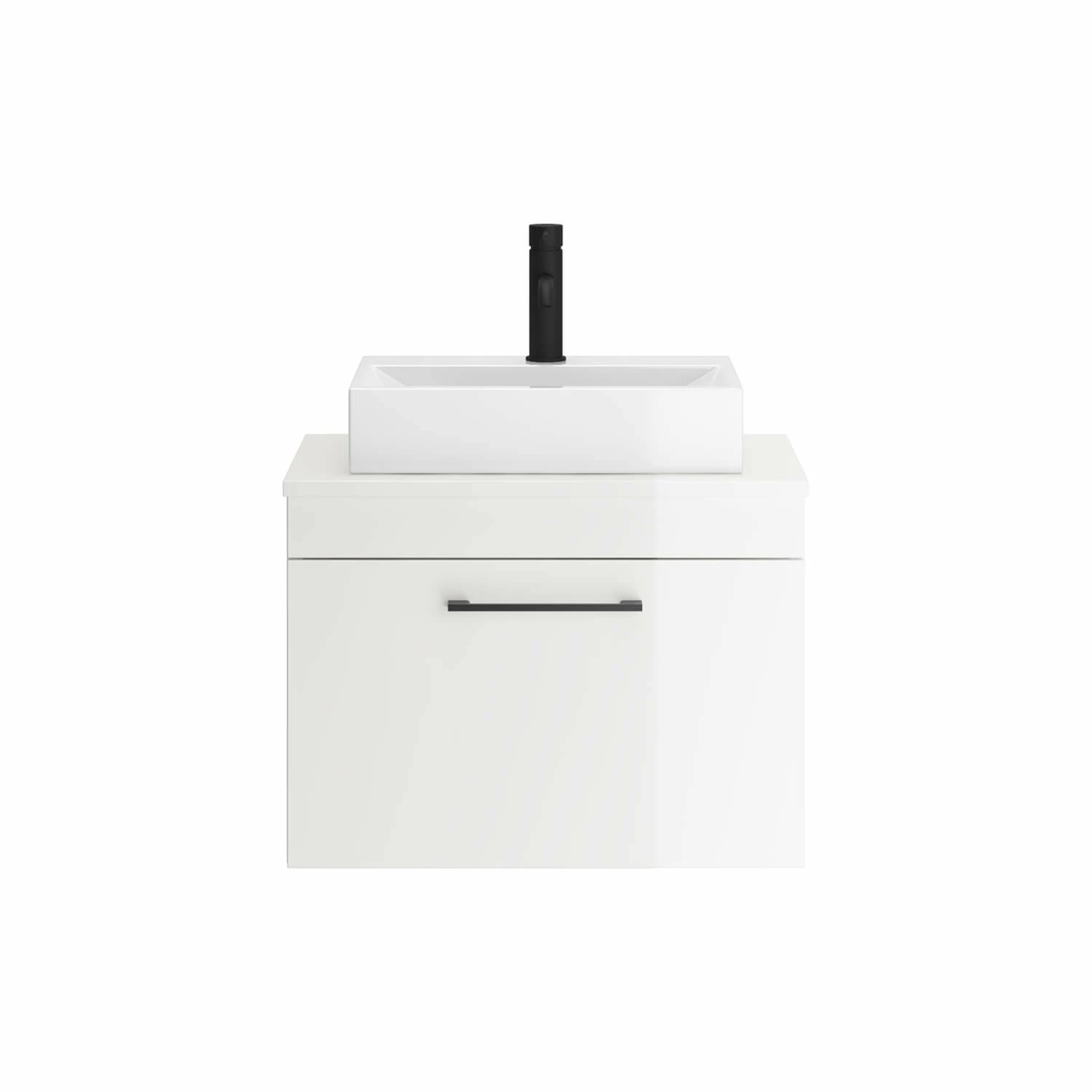 Emily 600mm Gloss White Wall Mounted 1 Drawer Vanity Unit With Matt Black Handle And Alana 460mm Countertop Basin 4 Emily 600mm Gloss White Wall Mounted 1 Drawer Vanity Unit With Matt Black Handle And Alana 460mm Countertop Basin - Image 2