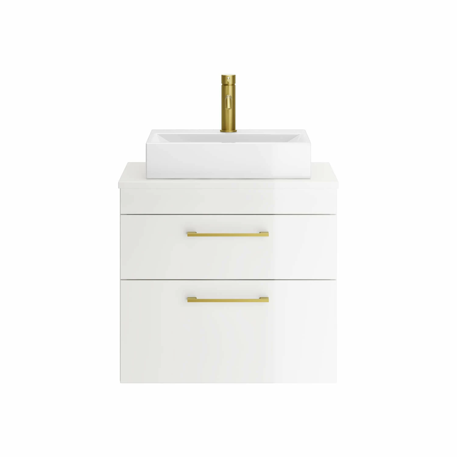 Emily 600mm Gloss White Wall Mounted 2 Drawer Vanity Unit And Countertop With Brushed Brass Handles 4 Emily 600mm Gloss White Wall Mounted 2 Drawer Vanity Unit And Countertop With Brushed Brass Handles - Image 2