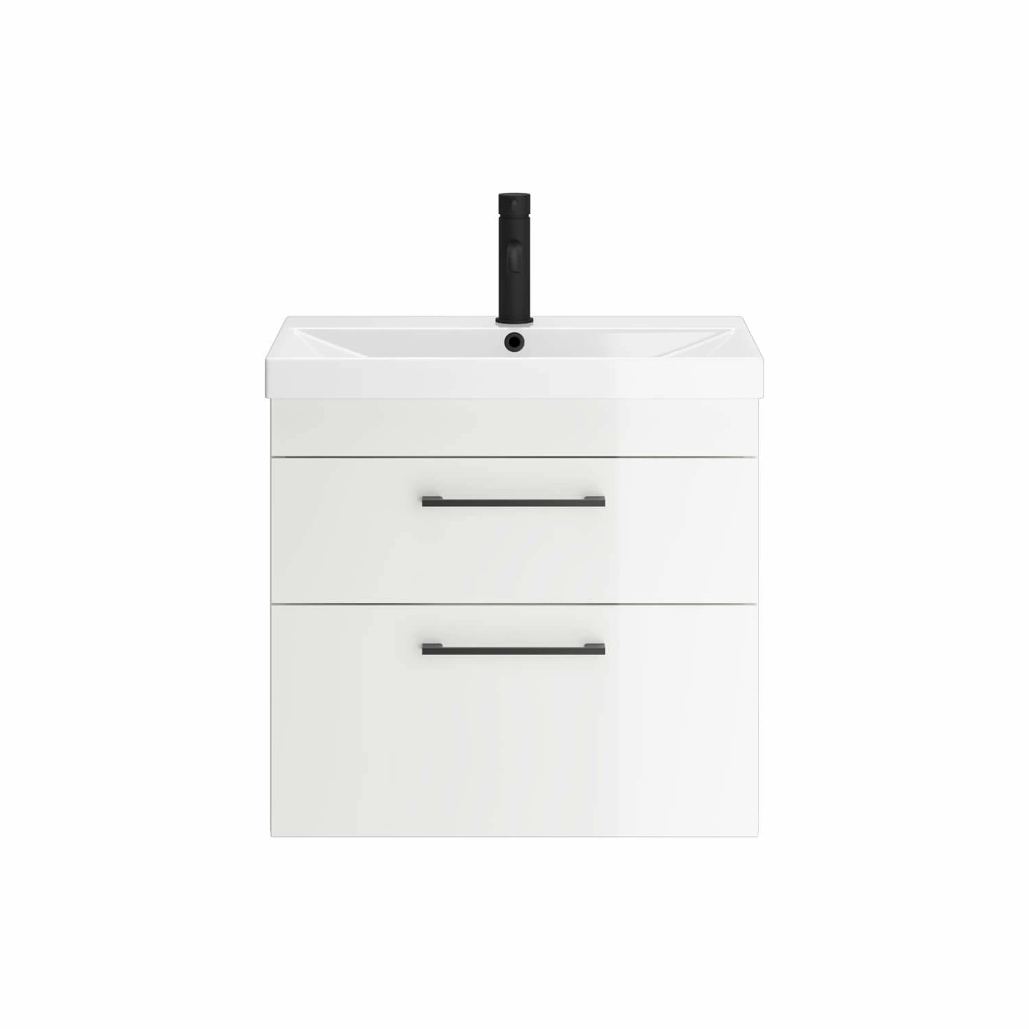 Emily 800mm Gloss White Wall Mounted 2 Drawer Vanity Unit, Thin-Edged Basin, Matt Black Handles & Overflow 4 Emily 800mm Gloss White Wall Mounted 2 Drawer Vanity Unit, Thin-Edged Basin, Matt Black Handles & Overflow - Image 2