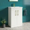 Emily 600mm Gloss White Floorstanding 2 Door Vanity Unit, Thin-Edged Basin, Brushed Brass Handles & Overflow -TAP WAREHOUSE Shop emily white 600 floor brass handles lifestyle