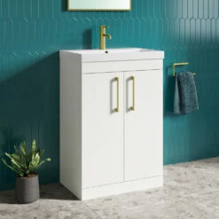 Emily 600mm Gloss White Floorstanding 2 Door Vanity Unit, Thin-Edged Basin, Brushed Brass Handles & Overflow