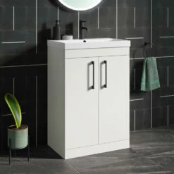 Emily 500mm Gloss White Floorstanding 2 Door Vanity Unit, Thin-Edged Basin, Matt Black Handles & Overflow