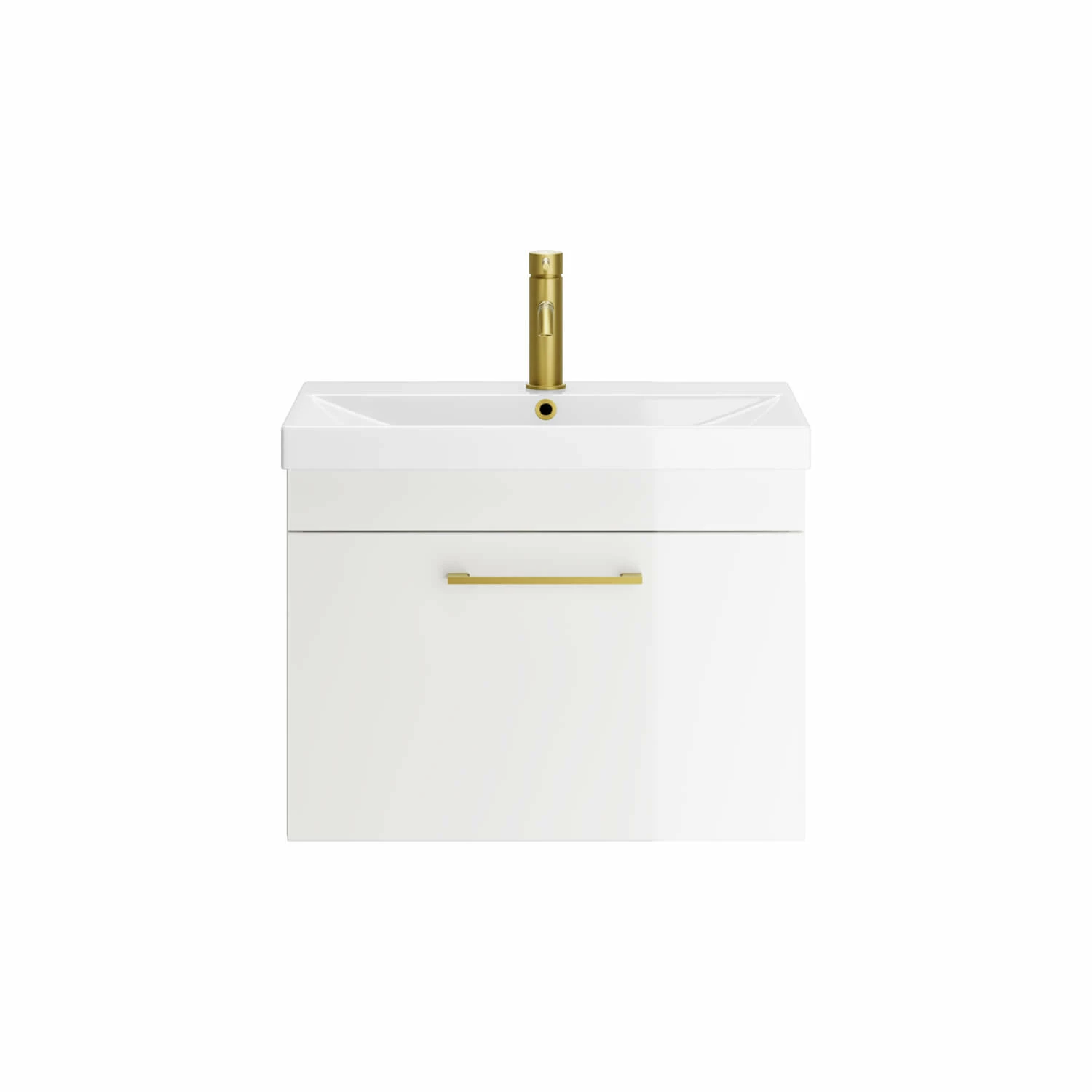 Emily 500mm Gloss White Wall Mounted 1 Drawer Vanity Unit, Thin-Edged Basin, Brushed Brass Handle & Overflow 4 Emily 500mm Gloss White Wall Mounted 1 Drawer Vanity Unit, Thin-Edged Basin, Brushed Brass Handle & Overflow - Image 2