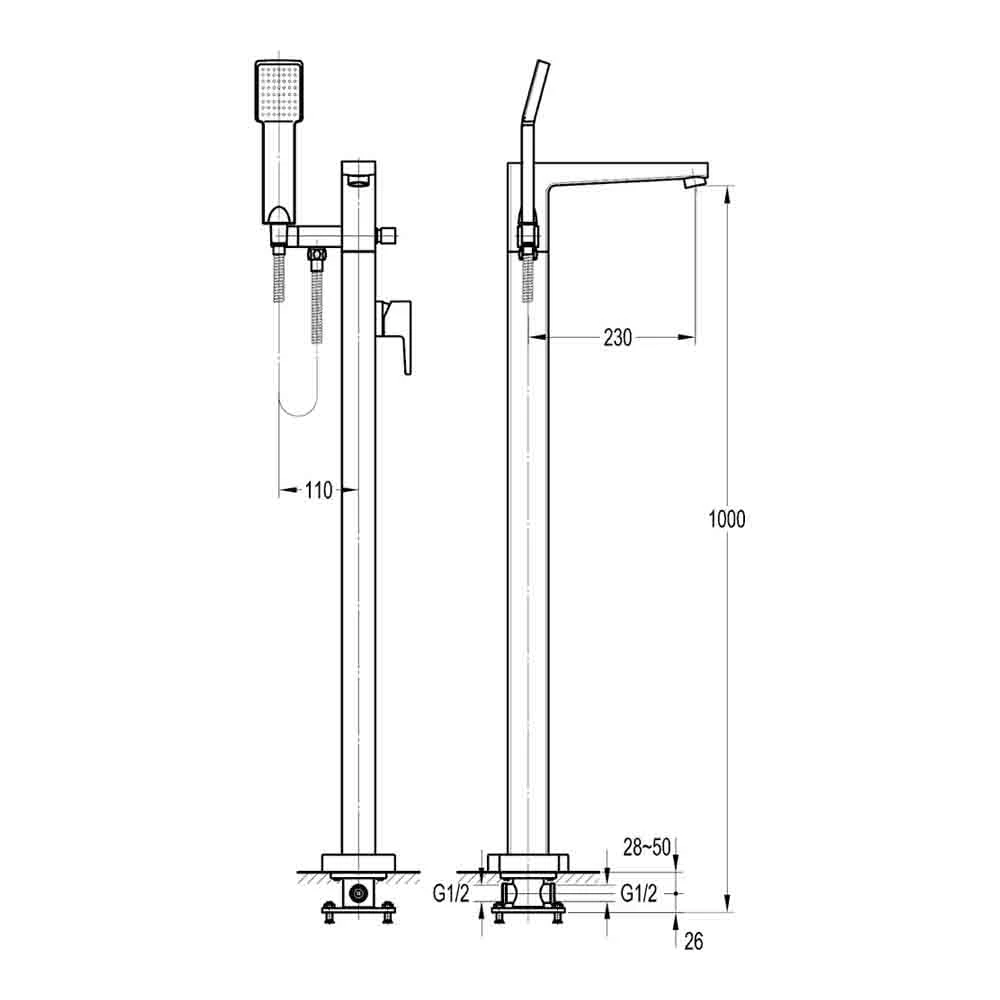 Flova Dekka Floorstanding Bath Shower Mixer With Handset 8 Flova Dekka Floorstanding Bath Shower Mixer With Handset - Image 6