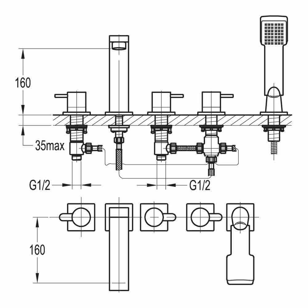 Flova Essence 5 Hole Deck Mounted Bath & Shower Mixer With Pull Out Handset 6 Flova Essence 5 Hole Deck Mounted Bath & Shower Mixer With Pull Out Handset - Image 4