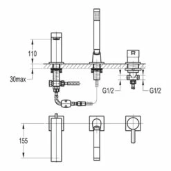 Flova STR8 3 Hole Deck Mounted Bath Shower Mixer With Pull Out Handset 5 Flova STR8 3 Hole Deck Mounted Bath Shower Mixer With Pull Out Handset -TAP WAREHOUSE Shop flova size drawing st3hslbsm