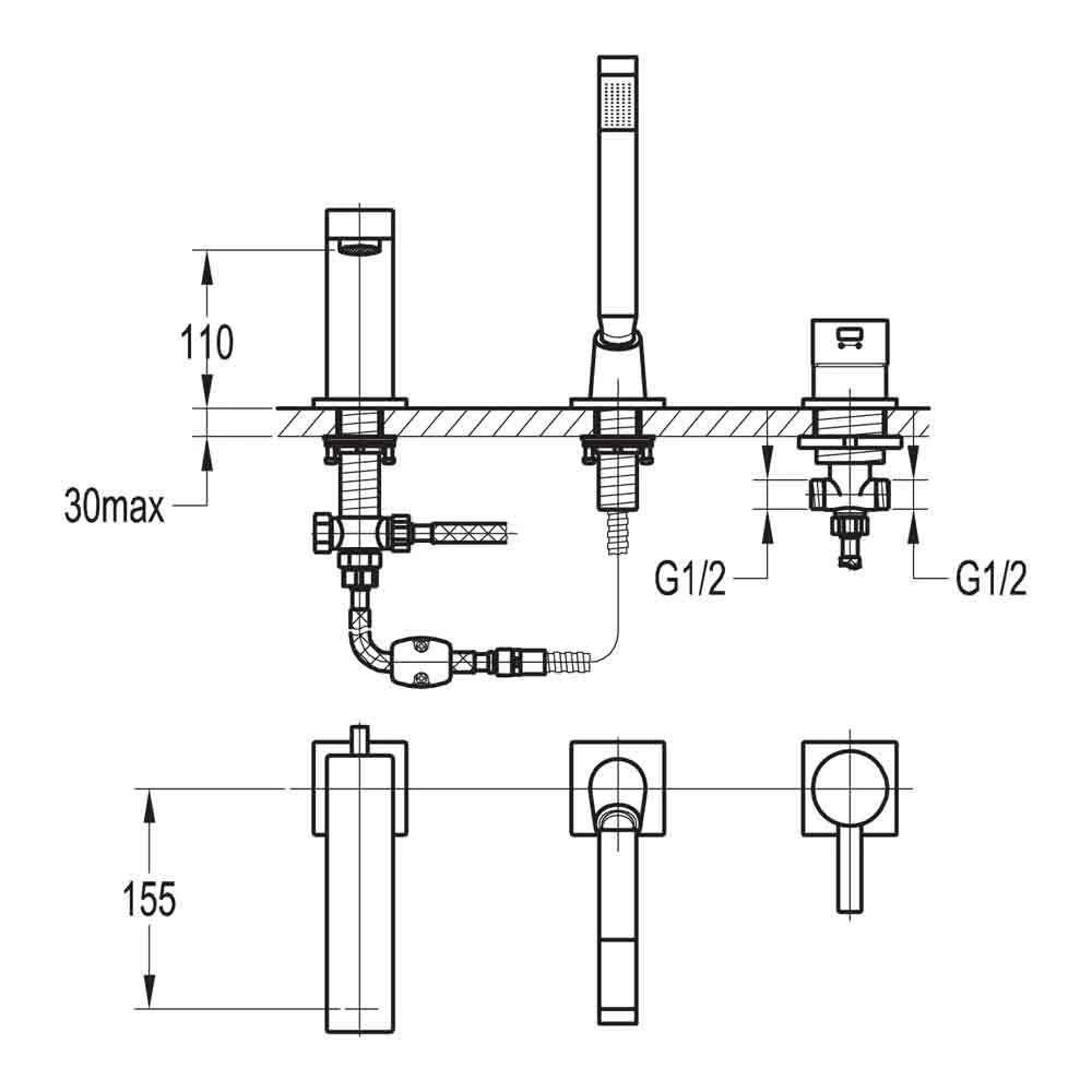 Flova STR8 3 Hole Deck Mounted Bath Shower Mixer With Pull Out Handset 4 Flova STR8 3 Hole Deck Mounted Bath Shower Mixer With Pull Out Handset - Image 2