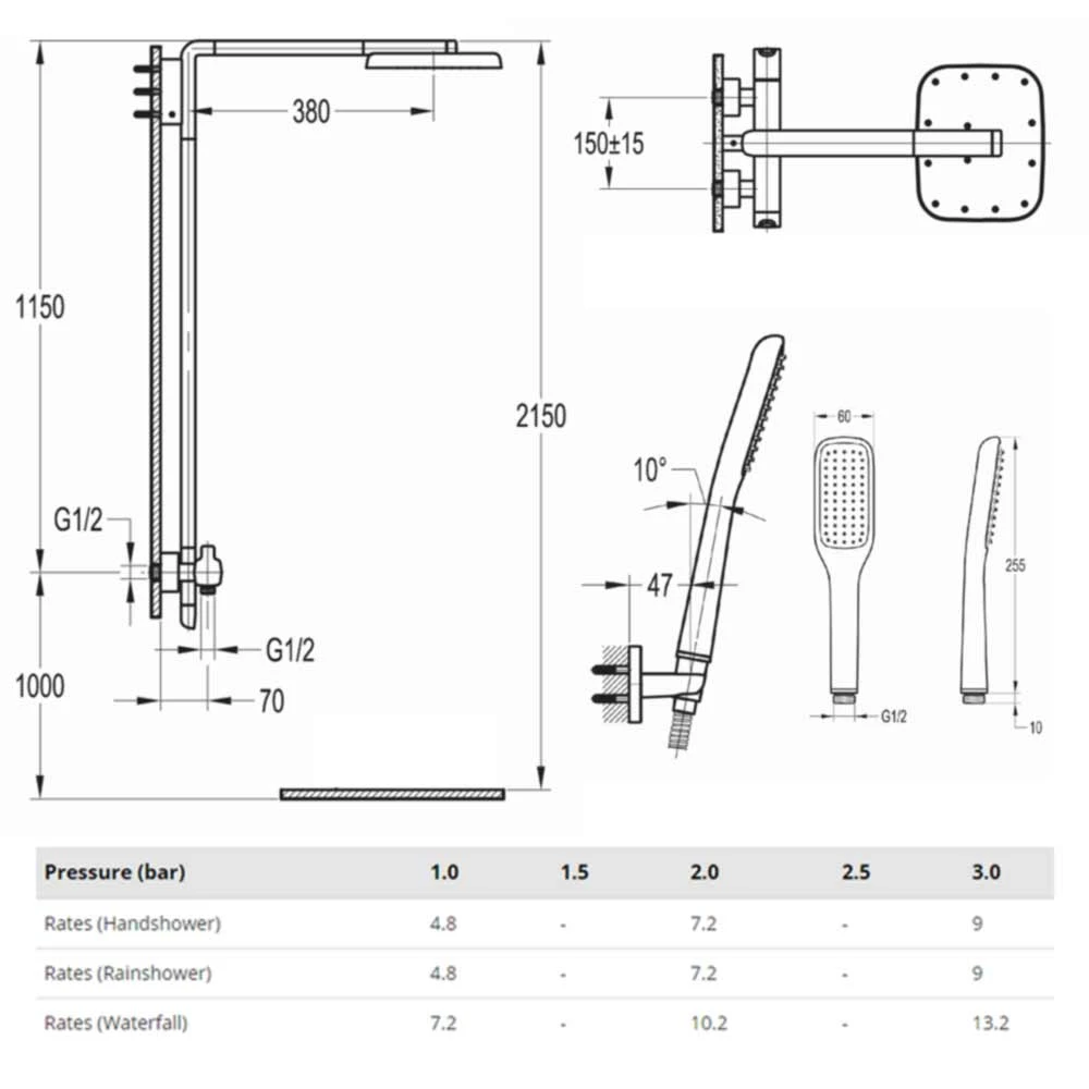 Flova Urban Thermostatic Shower Column With Handset & Dual Function Overhead Shower 8 Flova Urban Thermostatic Shower Column With Handset & Dual Function Overhead Shower - Image 6