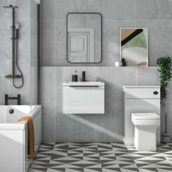 Harbour Status 500mm Wall Hung Vanity Unit & Basin - Gloss White With Matt Black Handle -TAP WAREHOUSE Shop harbou status 500mm gloss white vanity unit black handle lifestyle