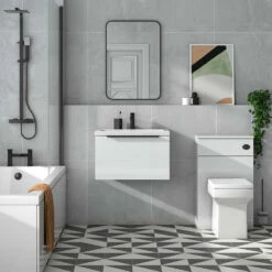 Harbour Status 600mm Wall Hung Vanity Unit & Basin - Gloss White With Matt Black Handle -TAP WAREHOUSE Shop harbou status 600mm gloss white vanity unit black handle lifestyle