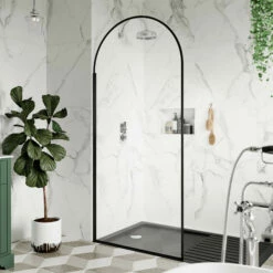 Harbour Contour Arched Matt Black 8mm Walk In Shower Panel - 900mm 10 Harbour Contour Arched Matt Black 8mm Walk In Shower Panel - 900mm -TAP WAREHOUSE Shop harbour arched m black shower panel 900 lifestyle2