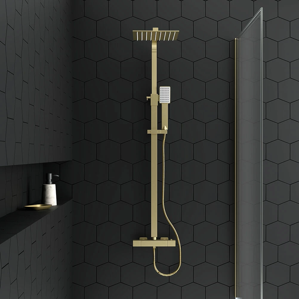 Drench Brushed Brass Square Thermostatic Rigid Riser Shower Kit 4 Drench Brushed Brass Square Thermostatic Rigid Riser Shower Kit - Image 2