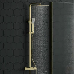 Drench Brushed Brass Square Thermostatic Rigid Riser Shower Kit 13 Drench Brushed Brass Square Thermostatic Rigid Riser Shower Kit -TAP WAREHOUSE Shop harbour brushed brass rigid riser shower kit lifestyle2