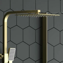 Drench Brushed Brass Square Thermostatic Rigid Riser Shower Kit 14 Drench Brushed Brass Square Thermostatic Rigid Riser Shower Kit -TAP WAREHOUSE Shop harbour brushed brass rigid riser shower kit lifestyle3