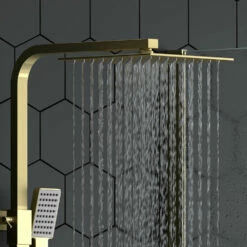 Drench Brushed Brass Square Thermostatic Rigid Riser Shower Kit 15 Drench Brushed Brass Square Thermostatic Rigid Riser Shower Kit -TAP WAREHOUSE Shop harbour brushed brass rigid riser shower kit lifestyle4