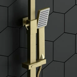 Drench Brushed Brass Square Thermostatic Rigid Riser Shower Kit 16 Drench Brushed Brass Square Thermostatic Rigid Riser Shower Kit -TAP WAREHOUSE Shop harbour brushed brass rigid riser shower kit lifestyle5