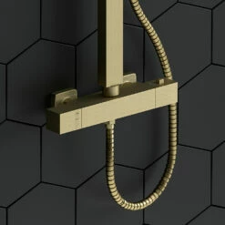 Drench Brushed Brass Square Thermostatic Rigid Riser Shower Kit 17 Drench Brushed Brass Square Thermostatic Rigid Riser Shower Kit -TAP WAREHOUSE Shop harbour brushed brass rigid riser shower kit lifestyle6