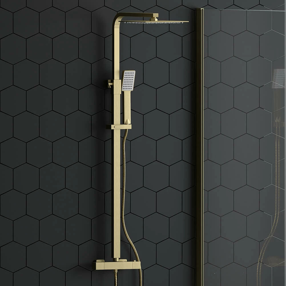Drench Brushed Brass Square Thermostatic Rigid Riser Shower Kit 3 Drench Brushed Brass Square Thermostatic Rigid Riser Shower Kit