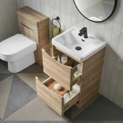 Harbour Clarity 500mm Floorstanding Vanity Unit & Basin - Bardolino Driftwood Oak -TAP WAREHOUSE Shop harbour clarity driftwood oak 500mm floorstanding vanity unit internal lifestyle
