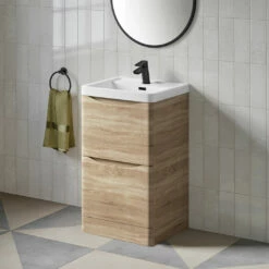 Harbour Clarity 500mm Floorstanding Vanity Unit & Basin - Bardolino Driftwood Oak -TAP WAREHOUSE Shop harbour clarity driftwood oak 500mm floorstanding vanity unit lifestyle