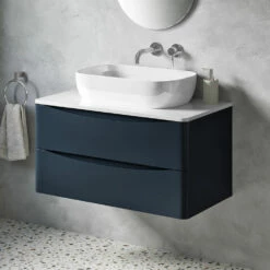 Harbour Clarity 900mm Wall Mounted Vanity Unit & Countertop - Bardolino Driftwood Oak -TAP WAREHOUSE Shop harbour clarity indigo blue 900mm countetop wallhung vanity unit lifestyle