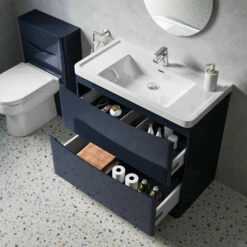 Harbour Clarity 900mm Floorstanding Vanity Unit & Basin - Gloss White -TAP WAREHOUSE Shop harbour clarity indigo blue 900mm floorstanding vanity unit internal lifestyle