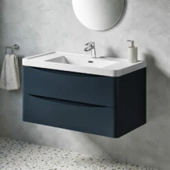 Harbour Clarity 900mm Wall Hung Vanity Unit & Basin - Indigo Blue 16 Harbour Clarity 900mm Wall Hung Vanity Unit & Basin - Indigo Blue -TAP WAREHOUSE Shop harbour clarity indigo blue 900mm wallhung vanity unit lifestyle