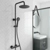 Harbour Clarity Matt Black Shower Package With Bar Valve And Adjustable Riser Rail -TAP WAREHOUSE Shop harbour clarity matt black round rigid riser kit with exposed valve lifestyle