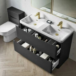 Harbour Clarity 1200mm Floorstanding Vanity Unit & Double Basin - Gloss White 12 Harbour Clarity 1200mm Floorstanding Vanity Unit & Double Basin - Gloss White -TAP WAREHOUSE Shop harbour clarity matt graphitegrey 1200mm floorstanding vanity unit internal lifestyle