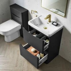 Harbour Clarity 600mm Floorstanding Vanity Unit & Basin - Bardolino Driftwood Oak 14 Harbour Clarity 600mm Floorstanding Vanity Unit & Basin - Bardolino Driftwood Oak -TAP WAREHOUSE Shop harbour clarity matt graphitegrey 600mm floorstanding vanity unit internal lifestyle