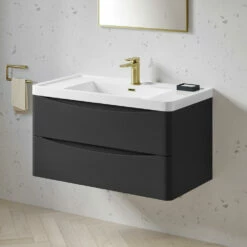 Harbour Clarity 900mm Wall Hung Vanity Unit & Basin - Indigo Blue 14 Harbour Clarity 900mm Wall Hung Vanity Unit & Basin - Indigo Blue -TAP WAREHOUSE Shop harbour clarity matt graphitegrey 900mm wallhung vanity unit lifestyle