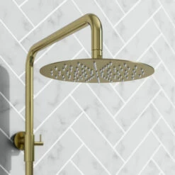 Harbour Clarity Brushed Brass Round Thermostatic Rigid Riser Shower Kit 10 Harbour Clarity Brushed Brass Round Thermostatic Rigid Riser Shower Kit -TAP WAREHOUSE Shop harbour clarity rigid riser thermostatic shower kit brass head detail