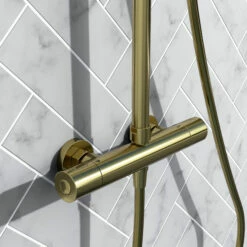 Harbour Clarity Brushed Brass Round Thermostatic Rigid Riser Shower Kit 9 Harbour Clarity Brushed Brass Round Thermostatic Rigid Riser Shower Kit -TAP WAREHOUSE Shop harbour clarity rigid riser thermostatic shower kit brass valve detail