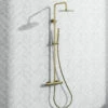 Harbour Clarity Brushed Brass Round Thermostatic Rigid Riser Shower Kit -TAP WAREHOUSE Shop harbour clarity rigid riser thermostatic shower kit brushed brass lifestyle
