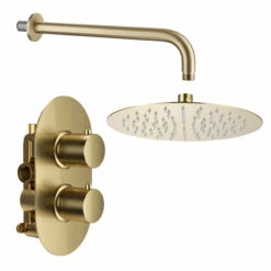 Harbour Clarity Brushed Brass Concealed Shower Valve, Fixed Shower Arm & Head -TAP WAREHOUSE Shop harbour clarity shower valve head and arm brushed brass pack cutout