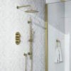 Harbour Clarity Brushed Brass Shower Package With 2 Outlet Valve, Fixed Head & Arm And Slide Rail Shower Kit 2 Harbour Clarity Brushed Brass Shower Package With 2 Outlet Valve, Fixed Head & Arm And Slide Rail Shower Kit -TAP WAREHOUSE Shop harbour clarity shower valve head arm and slide rail kit brushed brass pack lifestyle