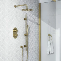 Harbour Clarity Brushed Brass Shower Package With 2 Outlet Valve, Fixed Head & Arm And Slide Rail Shower Kit