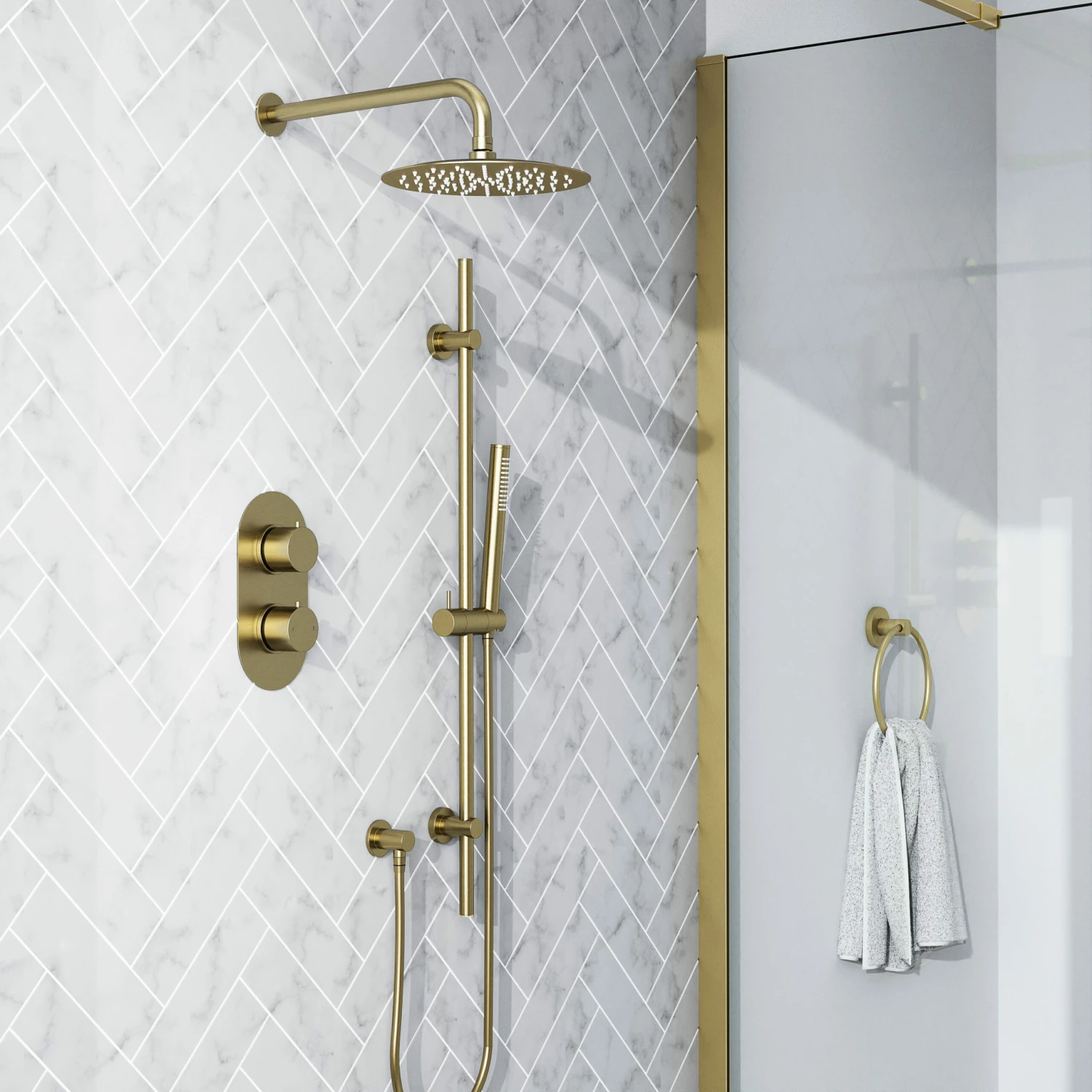 Harbour Clarity Brushed Brass Shower Package With 2 Outlet Valve, Fixed Head & Arm And Slide Rail Shower Kit 3 Harbour Clarity Brushed Brass Shower Package With 2 Outlet Valve, Fixed Head & Arm And Slide Rail Shower Kit