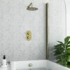 Harbour Clarity Brushed Brass Shower Package With 2 Outlet Valve, Fixed Head & Arm And Overflow Bath Filler -TAP WAREHOUSE Shop harbour clarity shower valve head arm filler pack brushed brass pack lifestyle