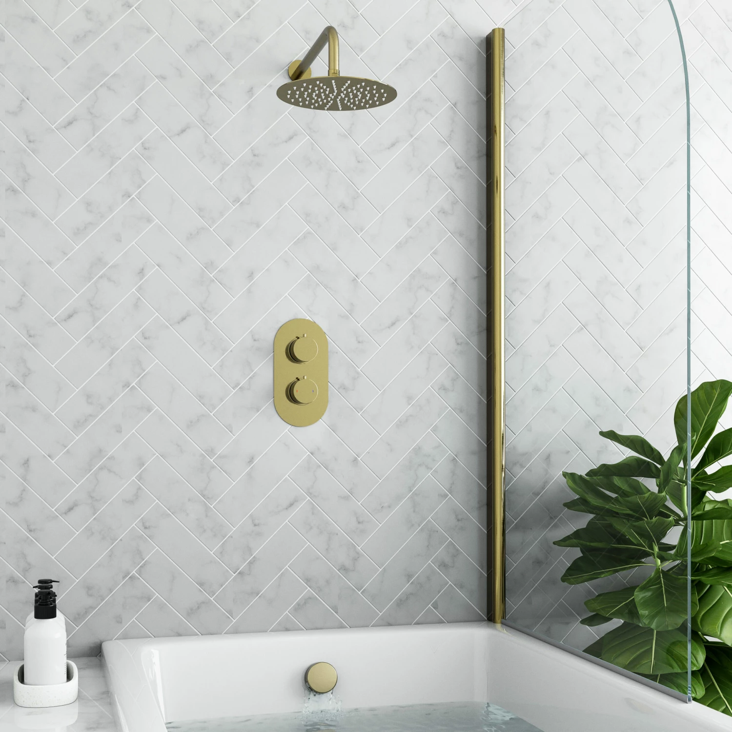 Harbour Clarity Brushed Brass Shower Package With 2 Outlet Valve, Fixed Head & Arm And Overflow Bath Filler 3 Harbour Clarity Brushed Brass Shower Package With 2 Outlet Valve, Fixed Head & Arm And Overflow Bath Filler