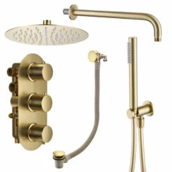 Harbour Clarity Brushed Brass Shower Package With 3 Outlet Valve, Fixed Head & Arm, Wall Shower Kit And Overflow Bath Filler -TAP WAREHOUSE Shop harbour clarity shower valve head arm handset filler pack brushed brass cutout