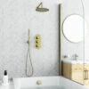 Harbour Clarity Brushed Brass Shower Package With 3 Outlet Valve, Fixed Head & Arm, Wall Shower Kit And Overflow Bath Filler -TAP WAREHOUSE Shop harbour clarity shower valve head arm handset filler pack brushed brass lifestyle