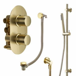 Harbour Clarity Brushed Brass Shower Package With 2 Outlet Valve, Slide Rail Kit And Overflow Bath Filler -TAP WAREHOUSE Shop harbour clarity shower valve slide rail kit and filler brushed brass pack cutout