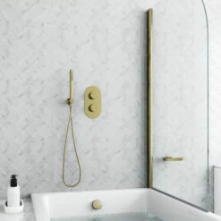 Harbour Clarity Brushed Brass Shower Package With 2 Outlet Valve, Wall Shower Kit And Overflow Bath Filler 8 Harbour Clarity Brushed Brass Shower Package With 2 Outlet Valve, Wall Shower Kit And Overflow Bath Filler -TAP WAREHOUSE Shop harbour clarity shower valve wall handset and filler brushed brass pack lifestyle
