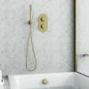 Harbour Clarity Brushed Brass Shower Package With 2 Outlet Valve, Wall Shower Kit And Overflow Bath Filler 1 Harbour Clarity Brushed Brass Shower Package With 2 Outlet Valve, Wall Shower Kit And Overflow Bath Filler -TAP WAREHOUSE Shop harbour clarity shower valve wall handset and filler brushed brass pack zoom