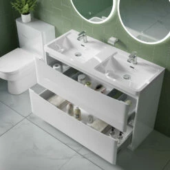 Harbour Clarity 1200mm Floorstanding Vanity Unit & Double Basin - Gloss White 11 Harbour Clarity 1200mm Floorstanding Vanity Unit & Double Basin - Gloss White -TAP WAREHOUSE Shop harbour clarity white gloss 1200mm floorstanding vanity unit lifestyle2