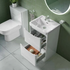 Harbour Clarity 500mm Floorstanding Vanity Unit & Basin - Bardolino Driftwood Oak -TAP WAREHOUSE Shop harbour clarity white gloss 500mm floorstanding vanity unit internal lifestyle