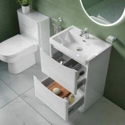 Harbour Clarity 600mm Floorstanding Vanity Unit & Basin - Bardolino Driftwood Oak 13 Harbour Clarity 600mm Floorstanding Vanity Unit & Basin - Bardolino Driftwood Oak -TAP WAREHOUSE Shop harbour clarity white gloss 600mm floorstanding vanity unit internal lifestyle